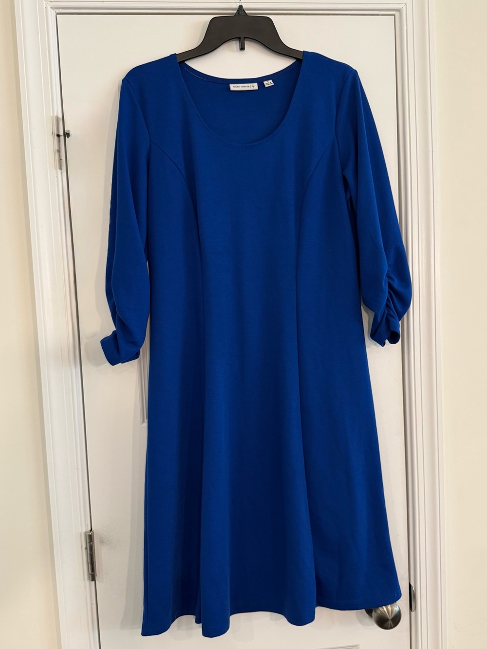 Susan Graver Royal Blue A-Line Knit Dress Ruched Sleeve Stretch Size M